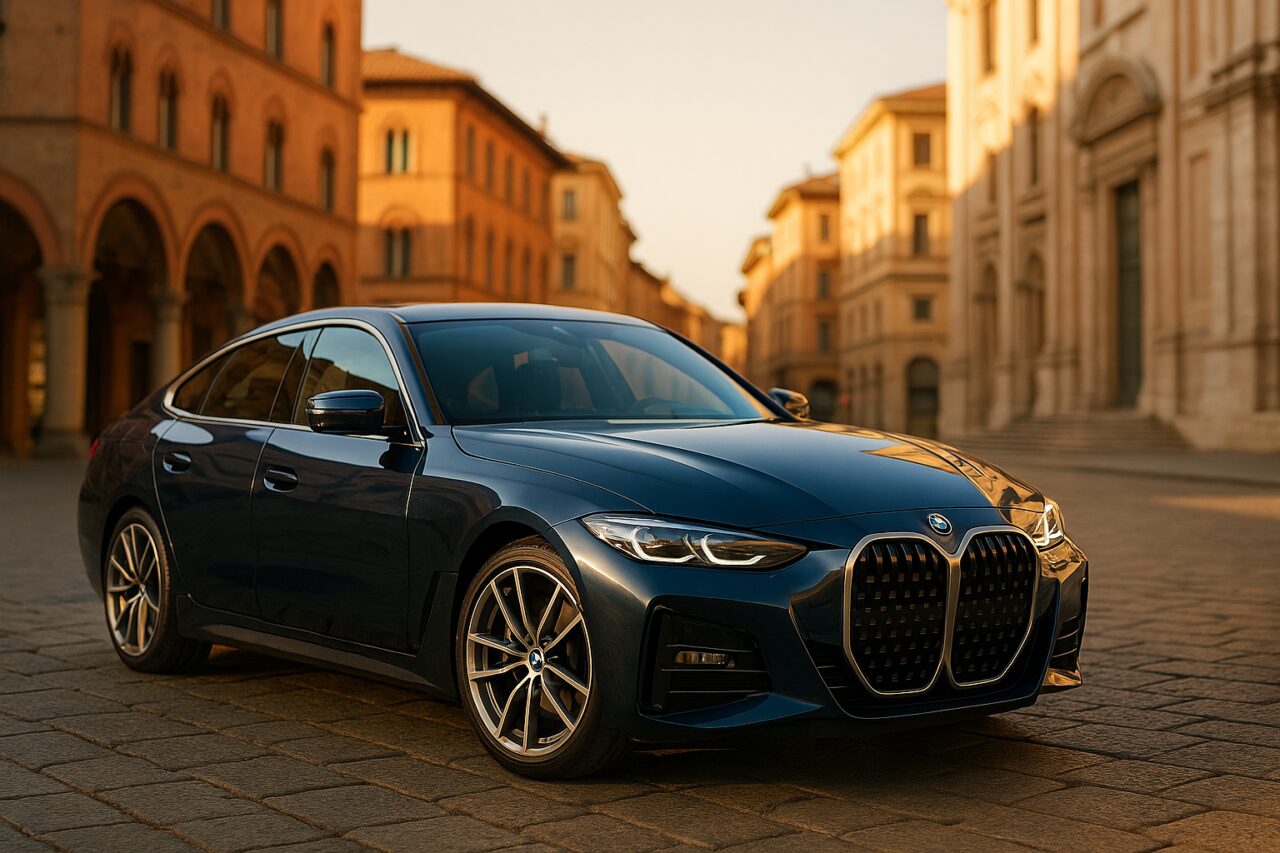 BMW Serie 4 Gran Coupé usata in noleggio a lungo termine parcheggiata in una città storica italiana