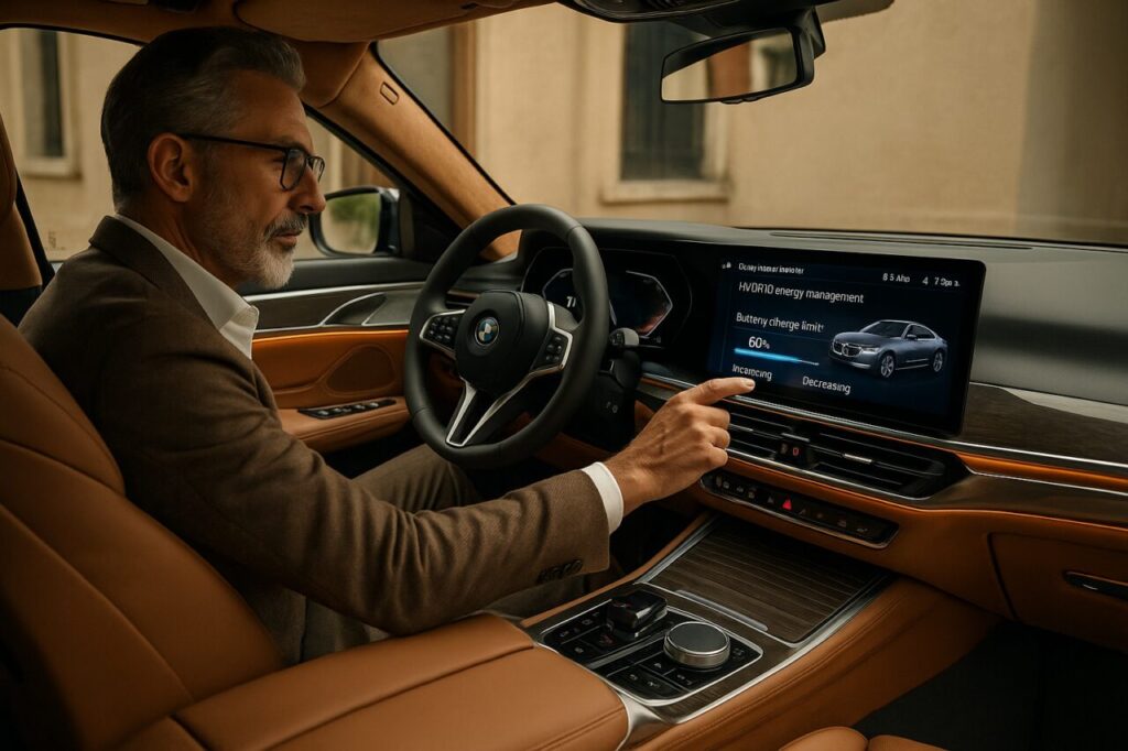 Interno BMW Serie 7 ibrida con schermo iDrive per gestione ricarica batteria in noleggio lungo termine