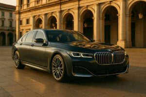 BMW Serie 7 usata parcheggiata davanti a un palazzo storico italiano, noleggio a lungo termine berlina di lusso