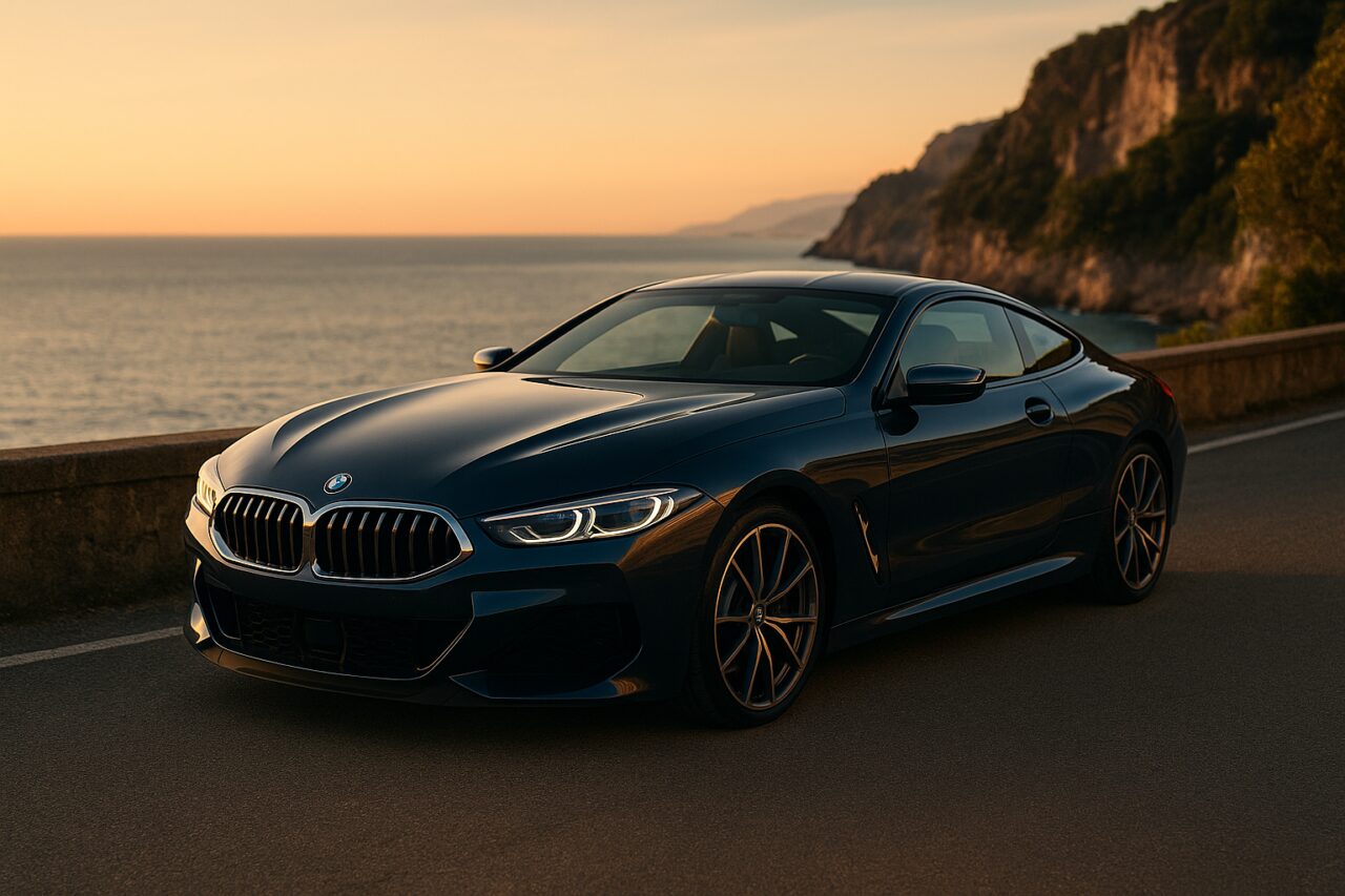 BMW Serie 8 Coupé usata in noleggio a lungo termine su strada costiera italiana al tramonto