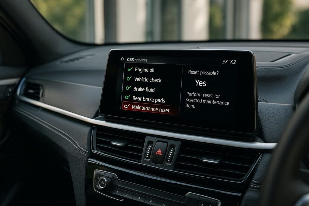 Schermata iDrive BMW X2 con menu CBS per reset tagliando fai da te