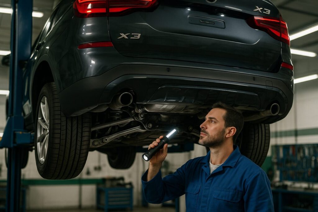Meccanico controlla le sospensioni e il sottoscocca di un BMW X3 usato su elevatore