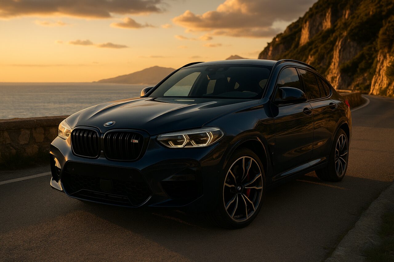 BMW X4 M usato in noleggio a lungo termine su strada italiana, vista frontale tre quarti con mare sullo sfondo