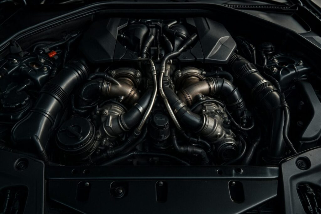 Motore V8 biturbo S63 della BMW X5 M, dettaglio tecnico per manutenzione e noleggio lungo termine