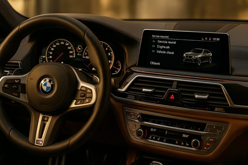 Interno BMW X6 M con display iDrive che mostra le informazioni di servizio e livello olio, guida tecnica noleggio a lungo termine