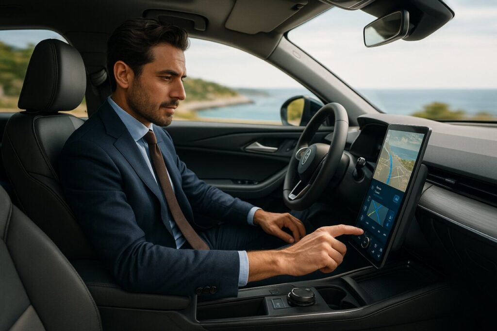 Conducente italiano interagisce con il sistema di infotainment touchscreen del BYD Atto 3 durante la guida