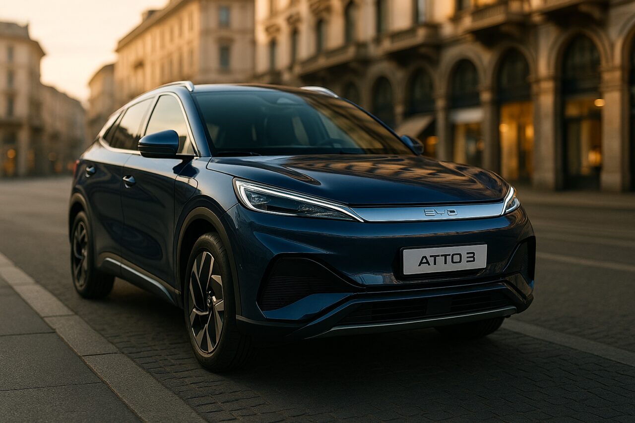 BYD Atto 3 elettrico in noleggio a lungo termine parcheggiato in una strada di Milano