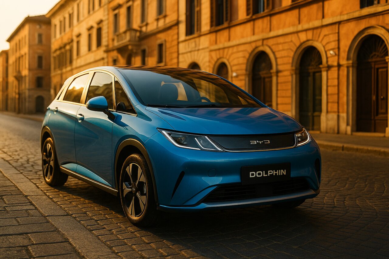 BYD Dolphin elettrica in noleggio a lungo termine parcheggiata in una strada italiana