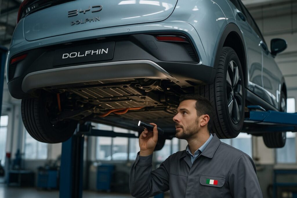Meccanico italiano ispeziona il sottoscocca e il pacco batterie di una BYD Dolphin in officina