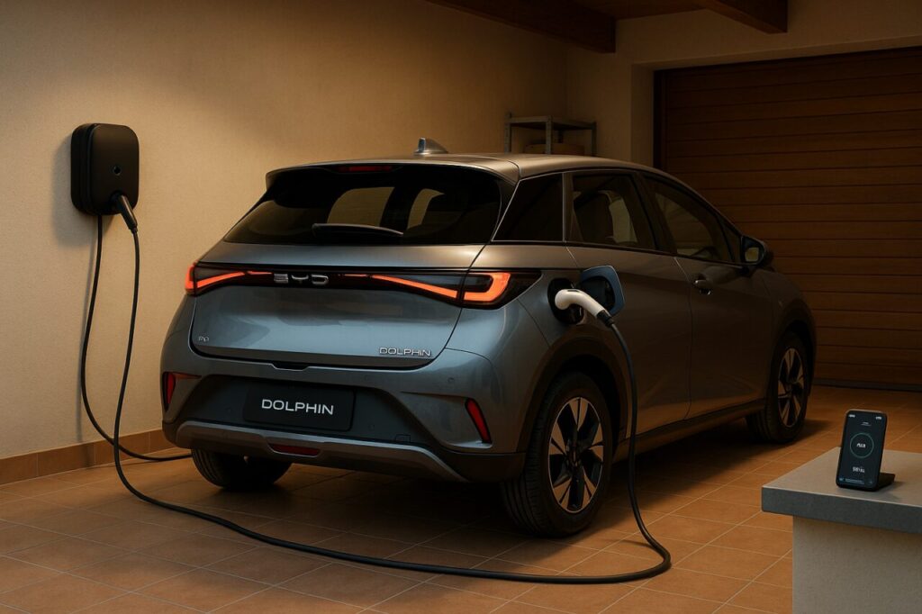 BYD Dolphin in ricarica con wallbox domestica in garage italiano, gestione intelligente della batteria LFP