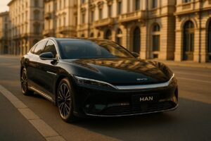 BYD Han berlina elettrica in noleggio a lungo termine su strada italiana a Milano