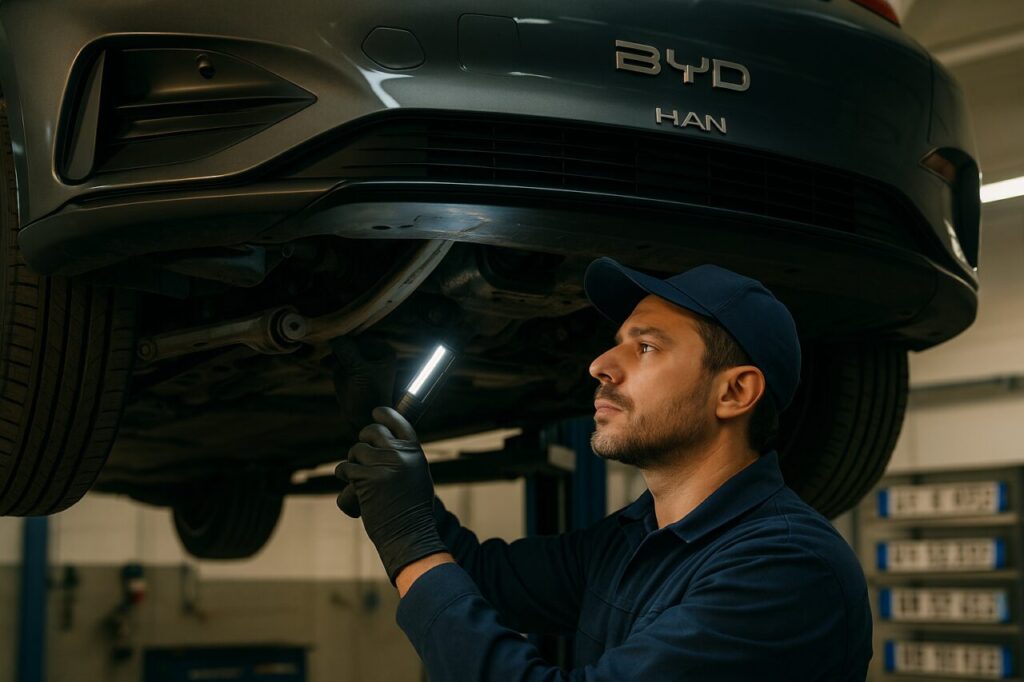 Meccanico italiano ispeziona i silent block e le sospensioni di una BYD Han su ponte elevatore