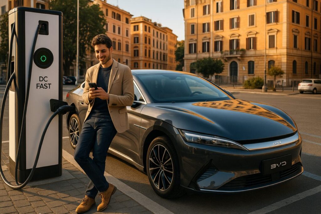 Ricarica rapida BYD Han in noleggio a lungo termine a Roma, professionista italiano con auto elettrica