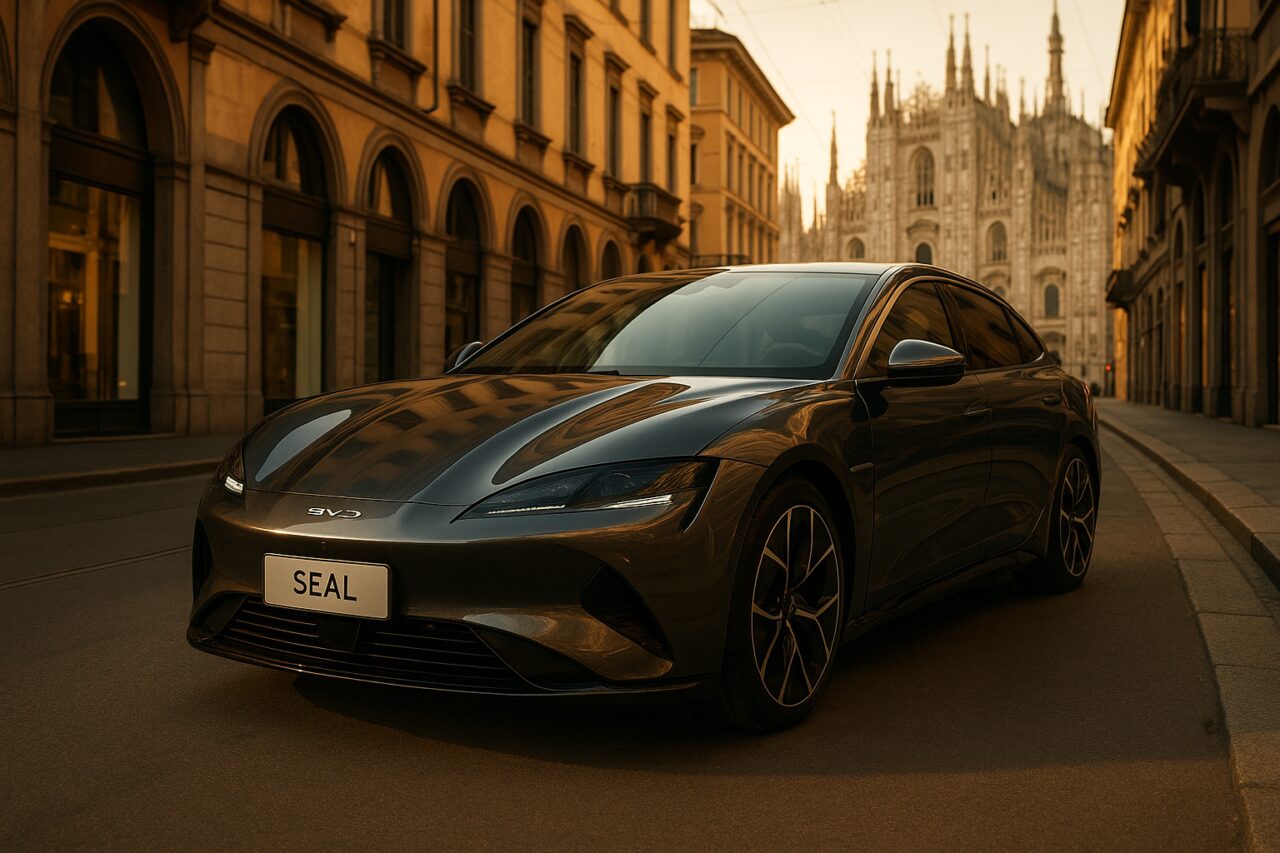 BYD Seal berlina elettrica in noleggio a lungo termine parcheggiata in una strada di Milano