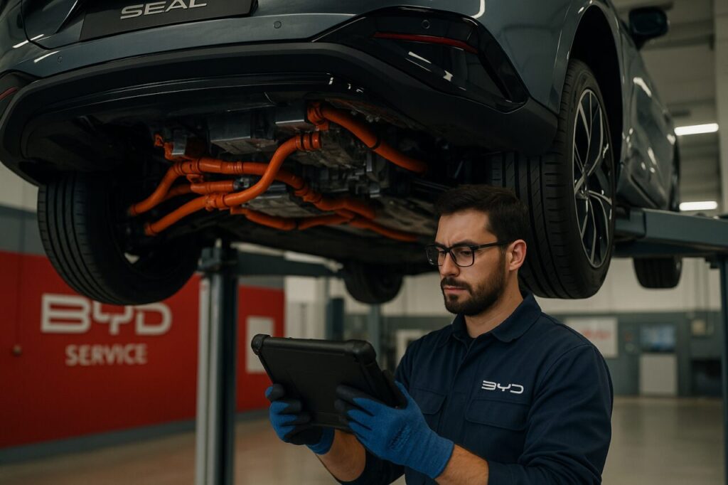 Tecnico specializzato BYD controlla la piattaforma e-Platform 3.0 e la batteria CTB della BYD Seal in officina autorizzata