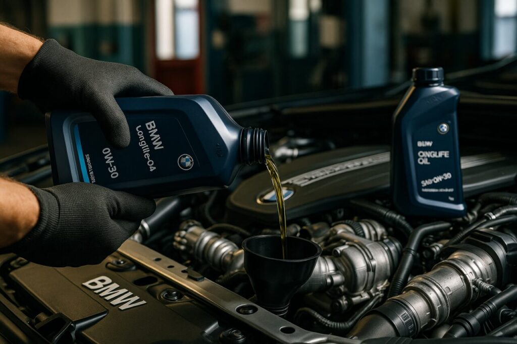 Cambio olio motore BMW Serie 7 con lubrificante certificato BMW Longlife, manutenzione corretta berlina di lusso usata
