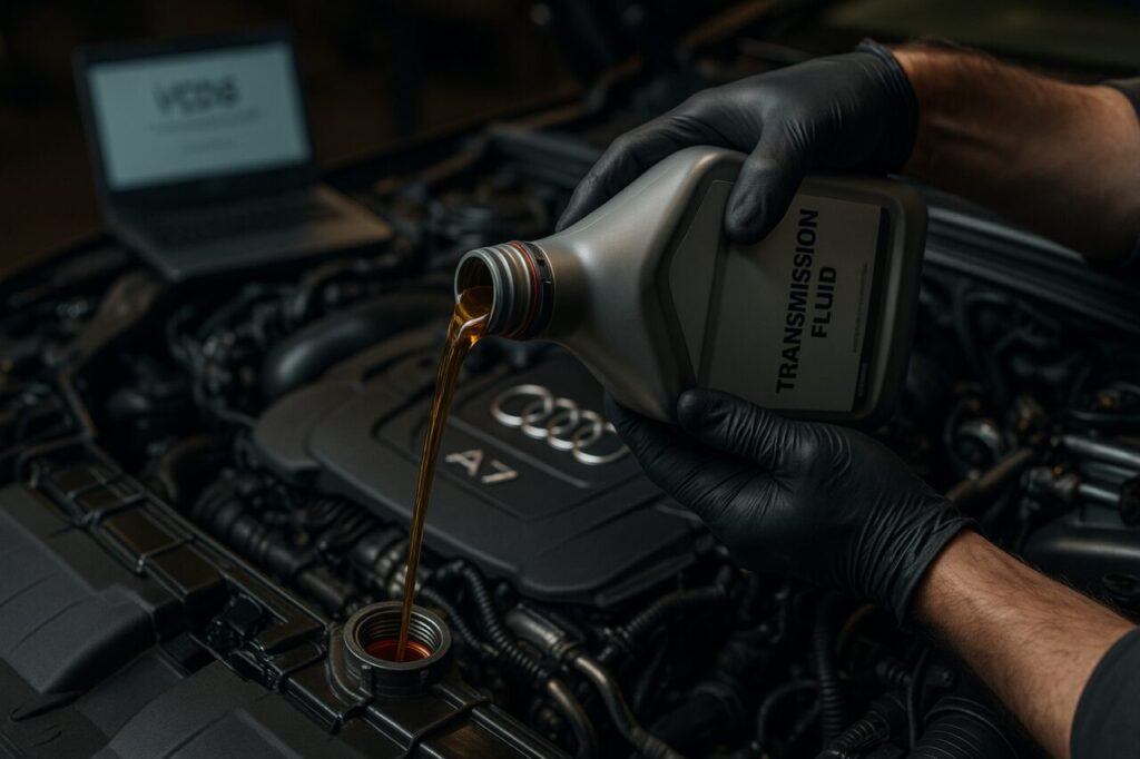 Cambio olio cambio DL501 Audi A7 con fluido specifico Pentosin ATF 9 in officina specializzata