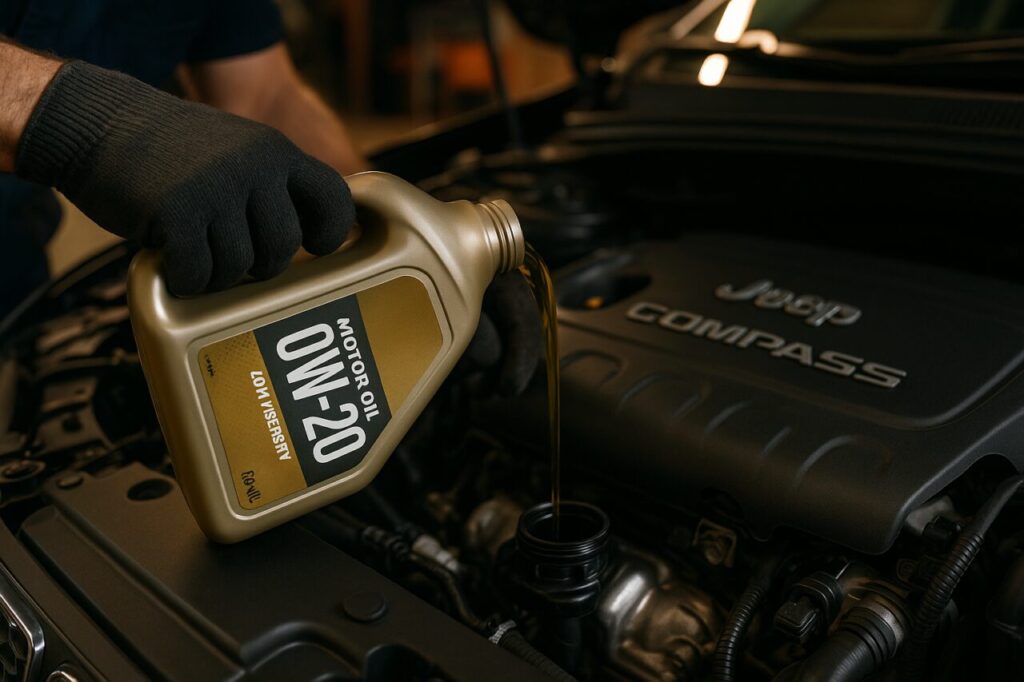 Sostituzione olio motore 0W-20 su Jeep Compass 1.3 GSE, manutenzione fluidi noleggio lungo termine