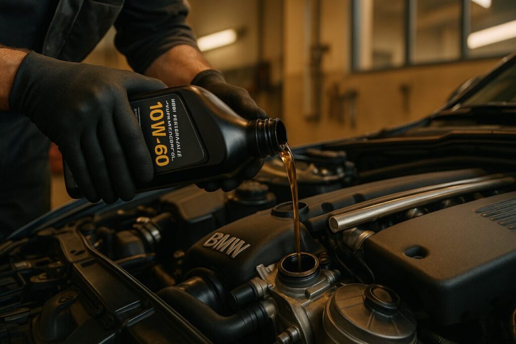 Sostituzione olio motore sintetico 10W-60 su BMW M3 usata in officina specializzata BMW