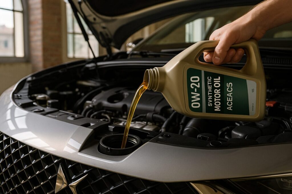 Sostituzione olio motore 0W-20 ACEA C5 su DS 7 usata, manutenzione corretta per motore PureTech