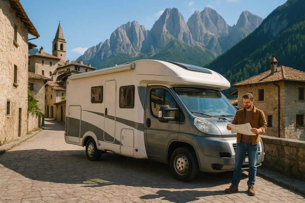 Camper seminuovo in noleggio a lungo termine parcheggiato nelle Dolomiti italiane