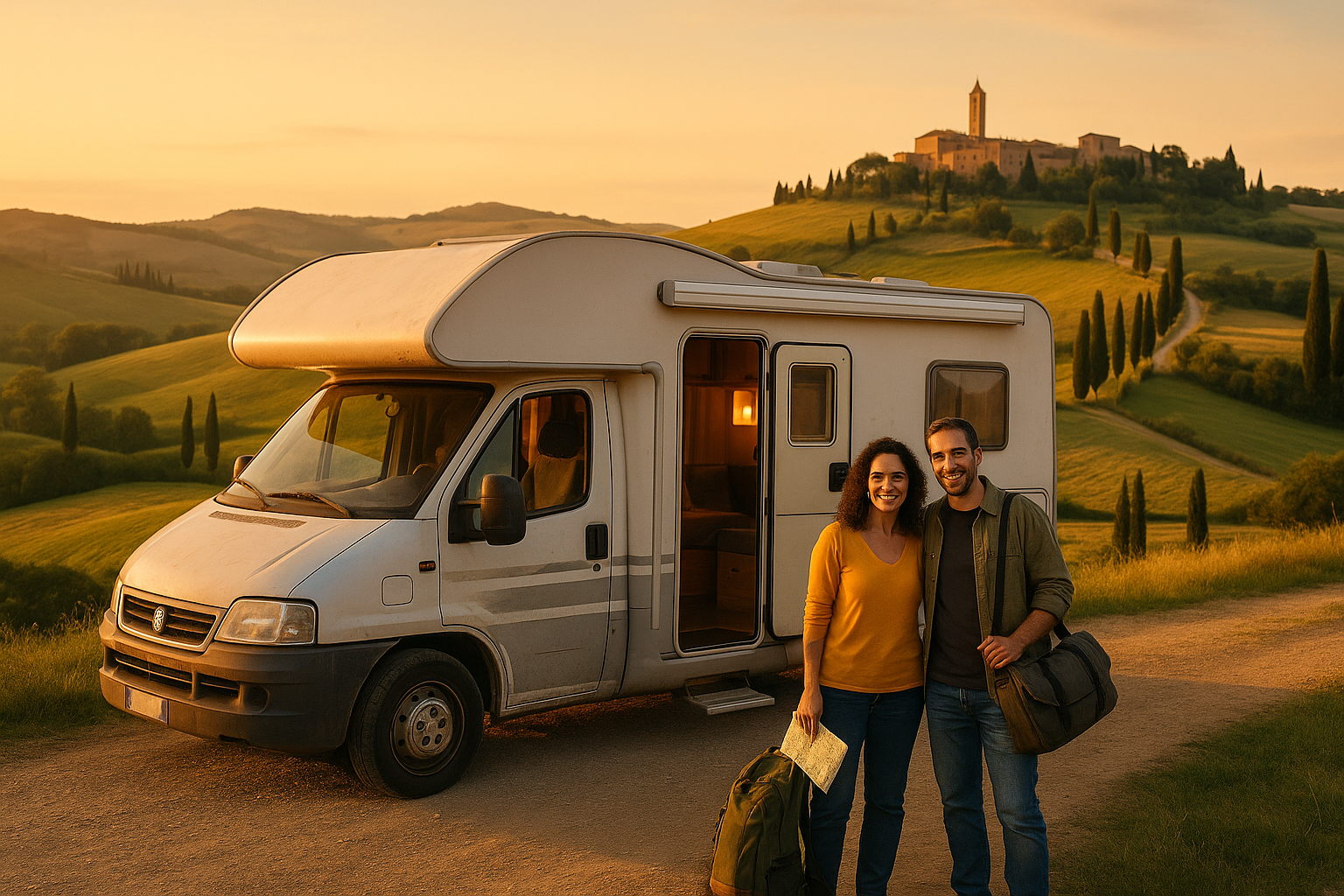 Coppia italiana con camper usato in noleggio a lungo termine in Toscana