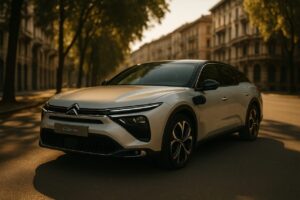 Citroën C5 X Plug-in Hybrid in noleggio a lungo termine parcheggiata in una elegante via di Milano
