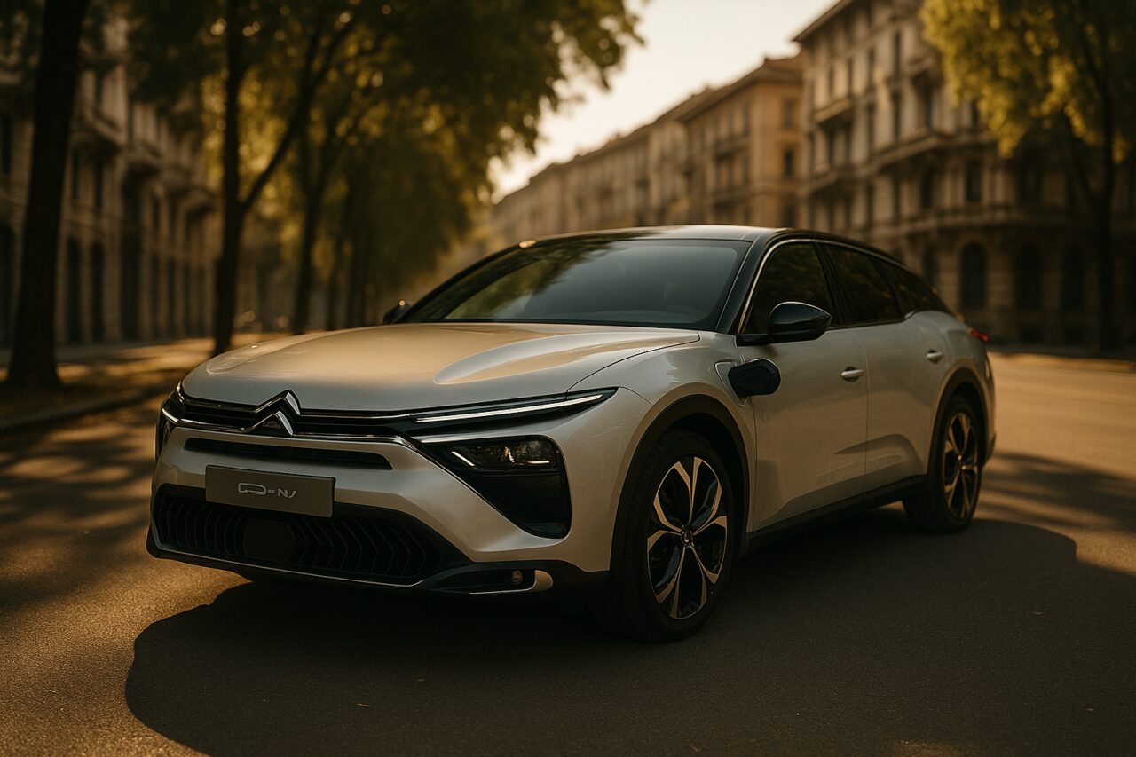 Citroën C5 X Plug-in Hybrid in noleggio a lungo termine parcheggiata in una elegante via di Milano