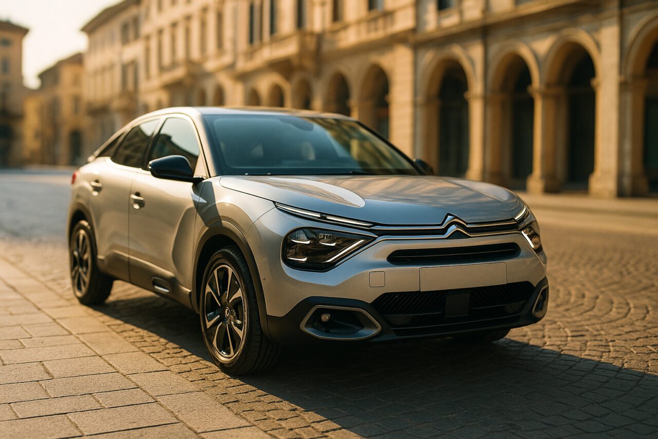 Citroën ë-C4 elettrica in noleggio a lungo termine su strada italiana, auto usata km0 seminuova NLT