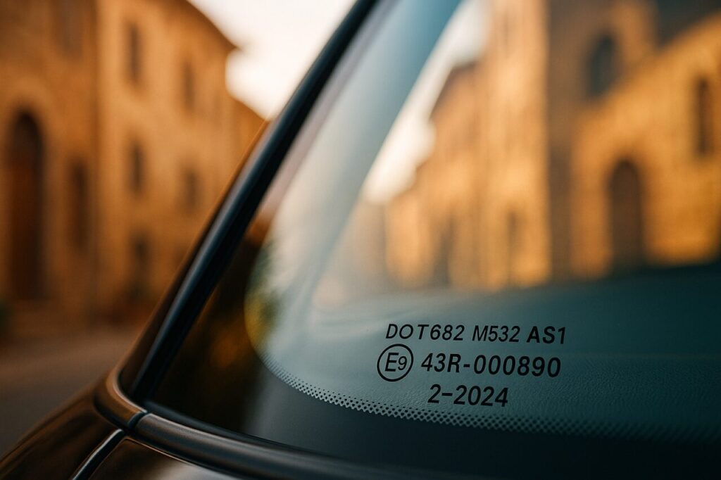 Codice identificativo e data di produzione stampati nell'angolo inferiore del parabrezza di un'auto usata