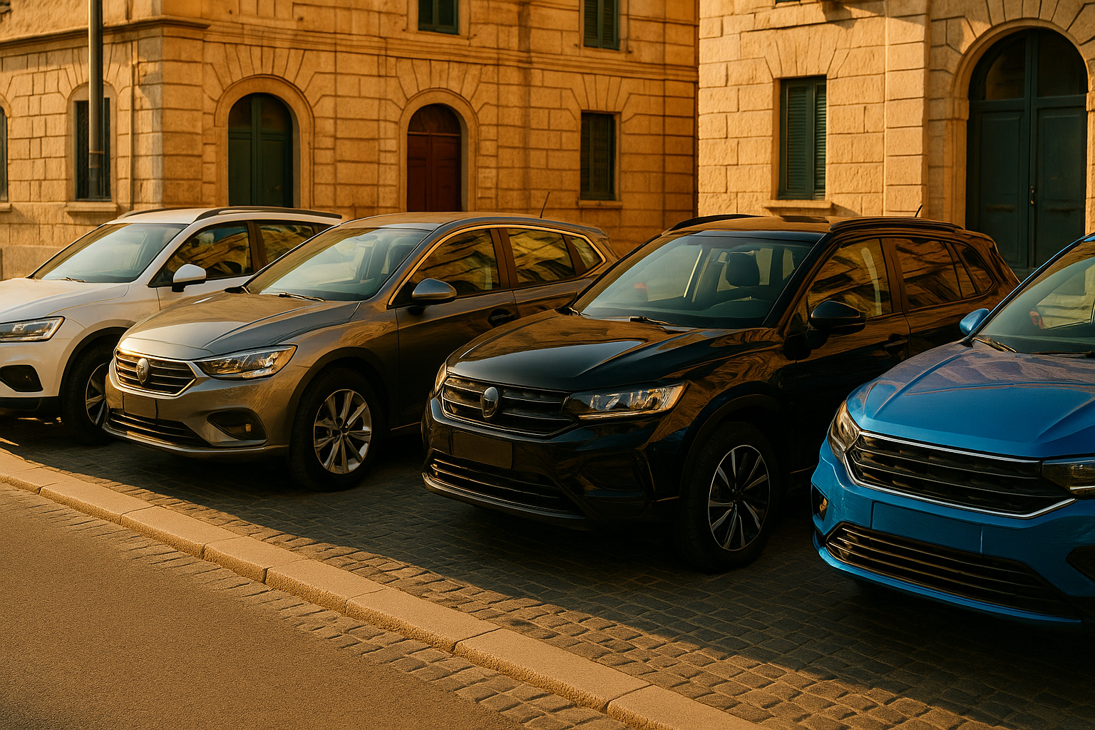 Auto usate di diversi colori in noleggio a lungo termine su strada italiana