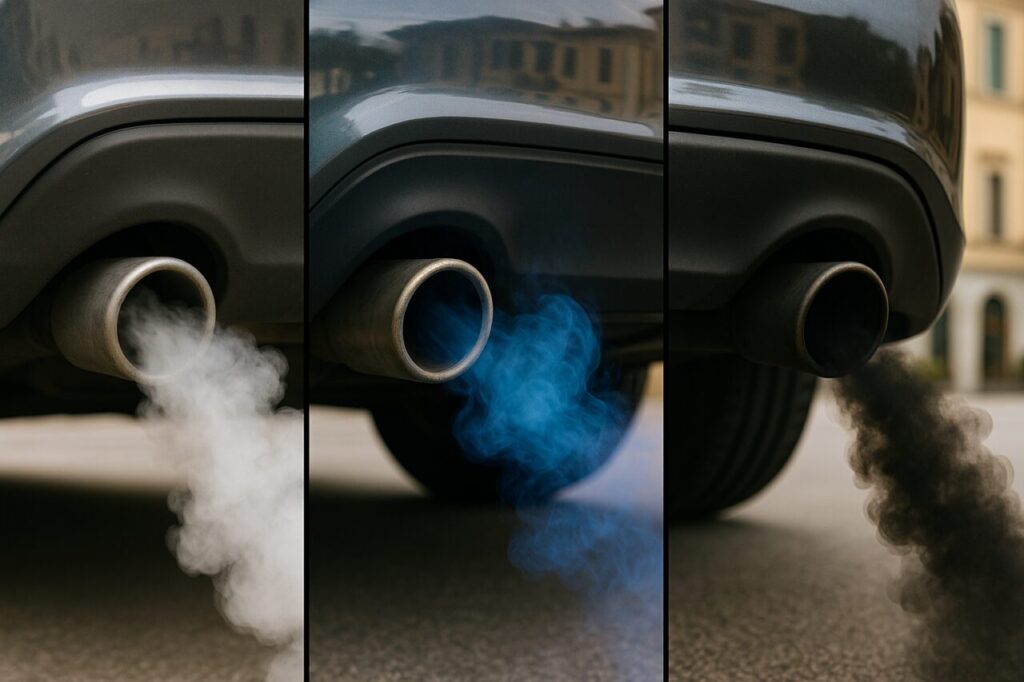 Confronto tra fumo bianco blu e nero dallo scarico di un'auto usata