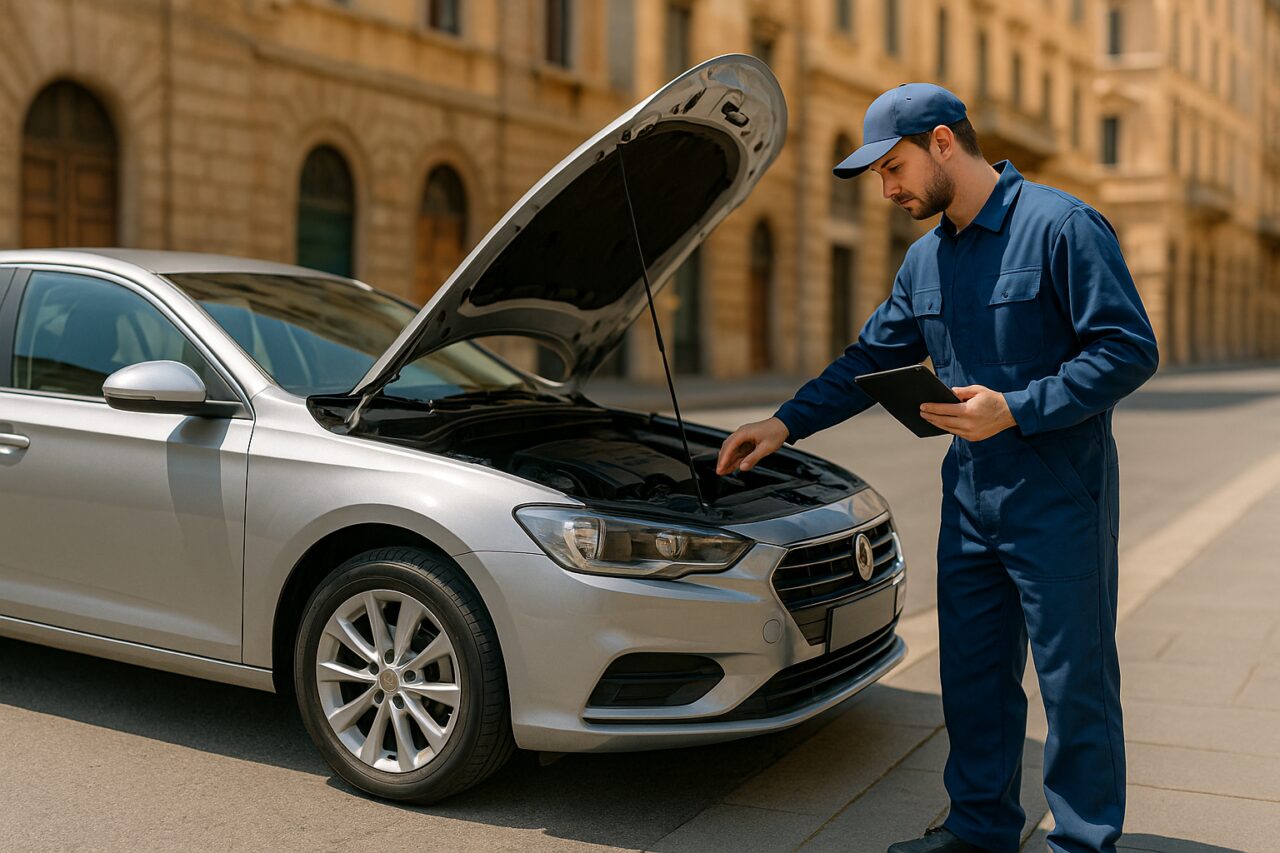 Meccanico che ispeziona i componenti rigenerati di un'auto usata in noleggio a lungo termine in Italia