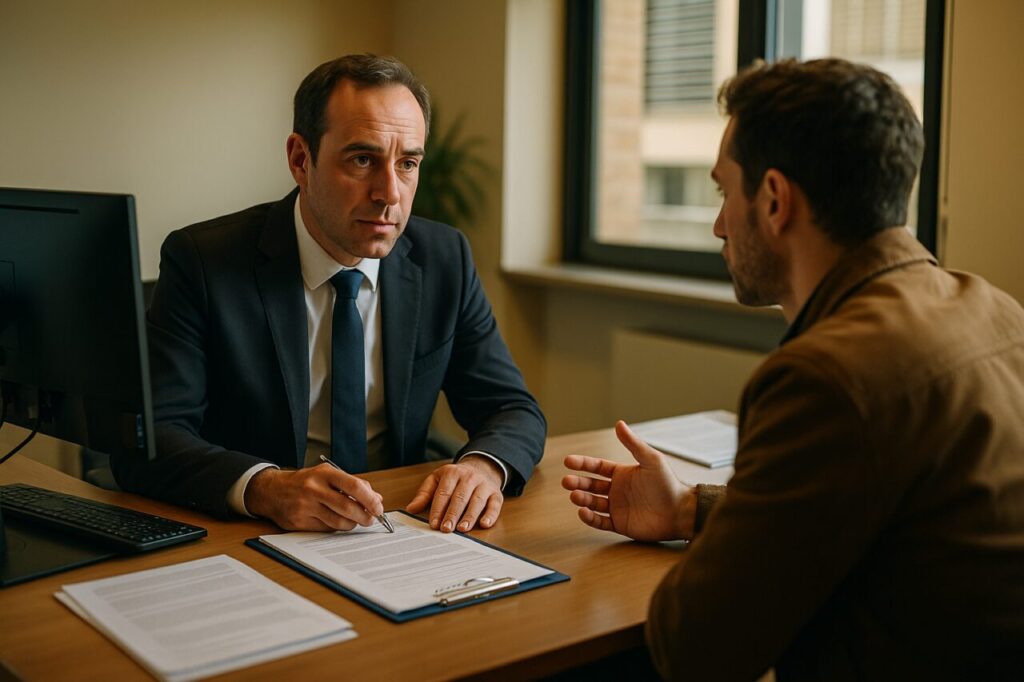 Agente noleggio auto e cliente in ufficio, comunicazione sinistro furto assicurazione kasko