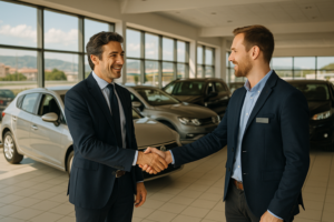 Uomo che stringe la mano a un concessionario affidabile per il noleggio a lungo termine di auto usate in Italia