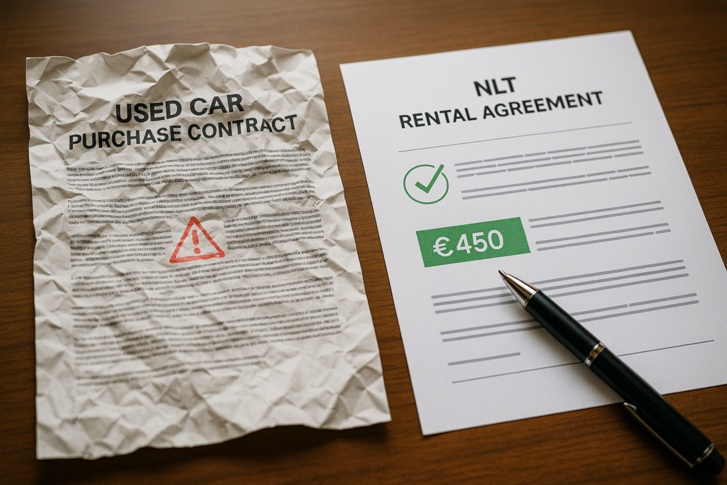 Confronto tra contratto di acquisto auto usata con clausole capestro e contratto di noleggio a lungo termine trasparente