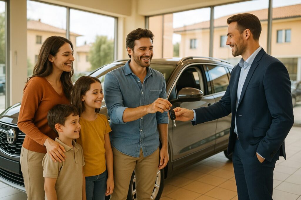 Famiglia italiana che riceve le chiavi di un SUV usato km0 in noleggio a lungo termine