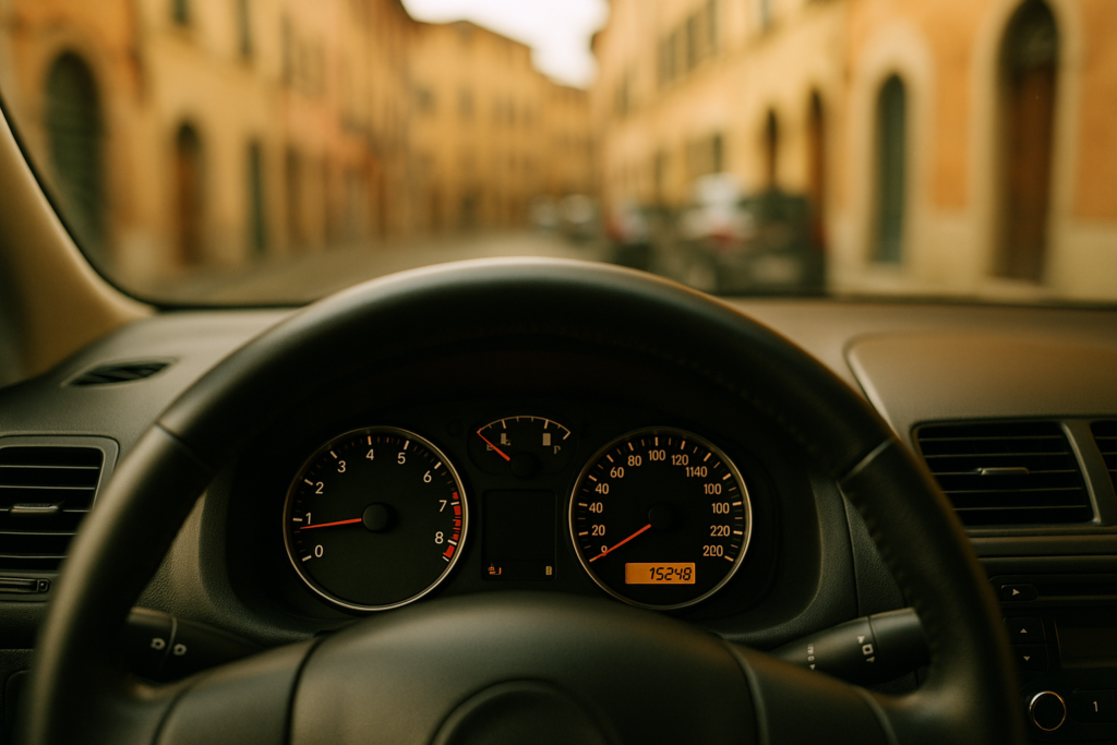 Contachilometri di un'auto usata seminuova con strada italiana visibile dal parabrezza