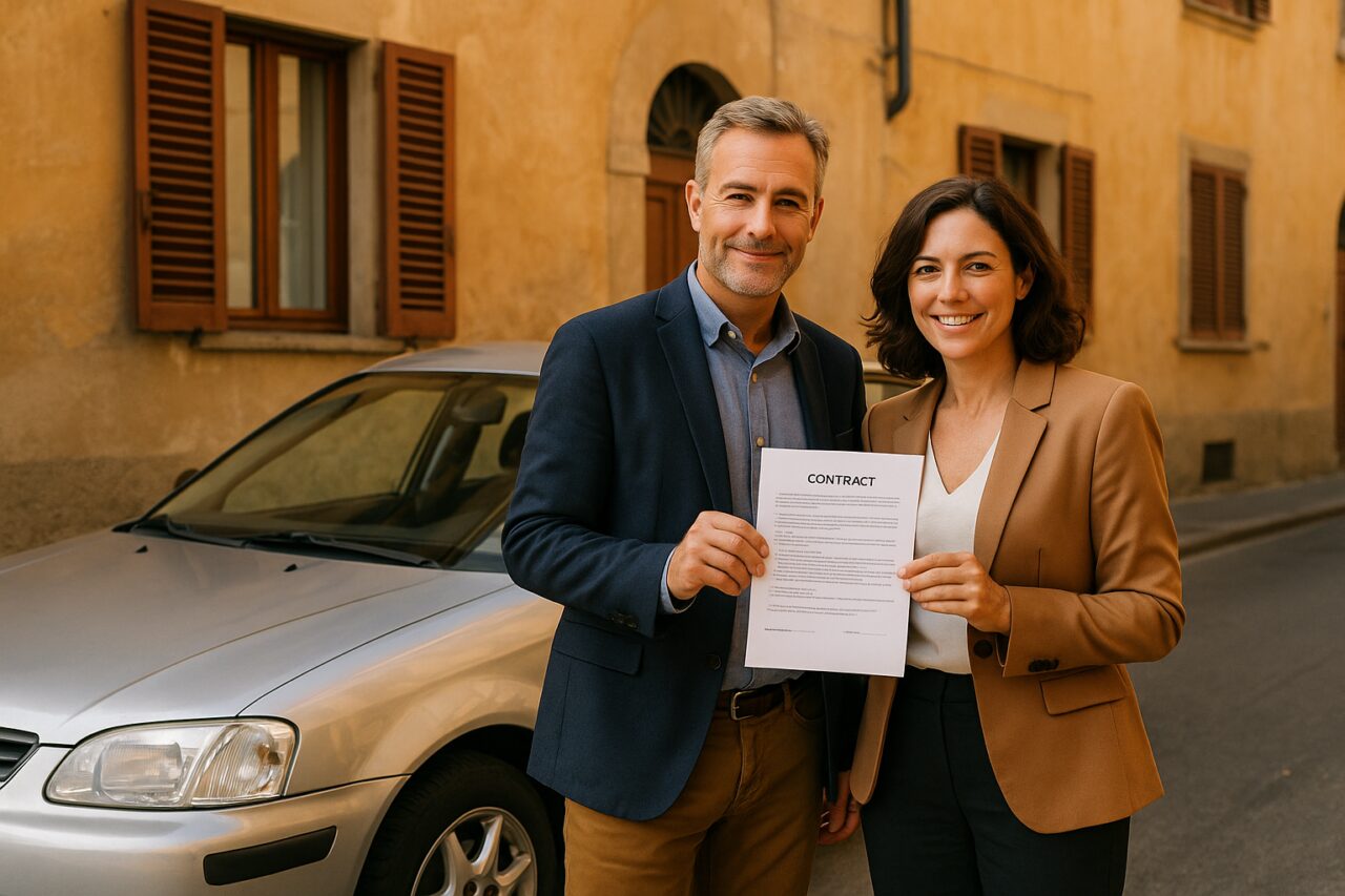Contratto auto usata: coppia firma accordo compravendita auto privata in strada italiana con auto seminuova