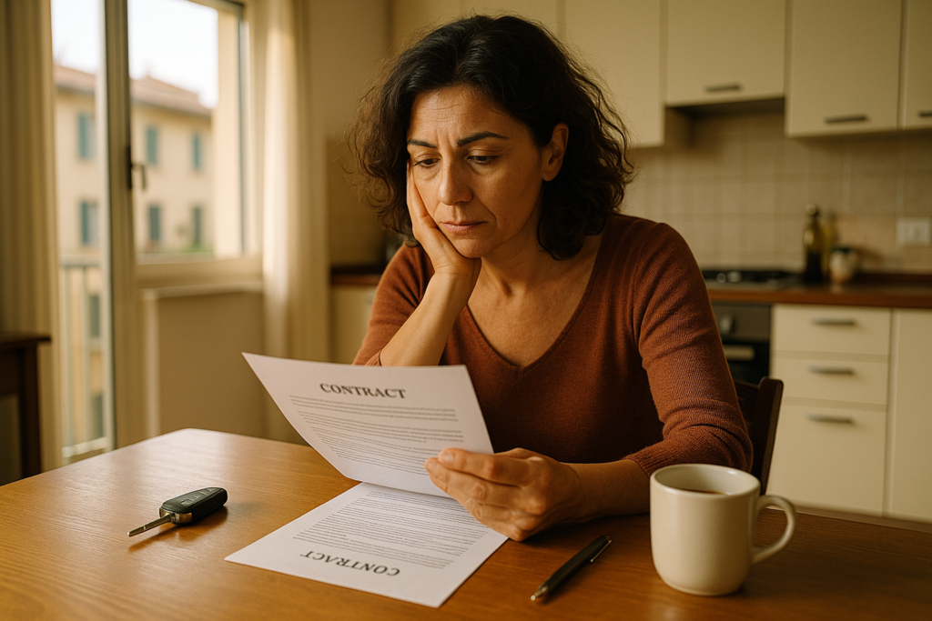 Donna che esamina un contratto NLT dopo una separazione, noleggio a lungo termine auto usata