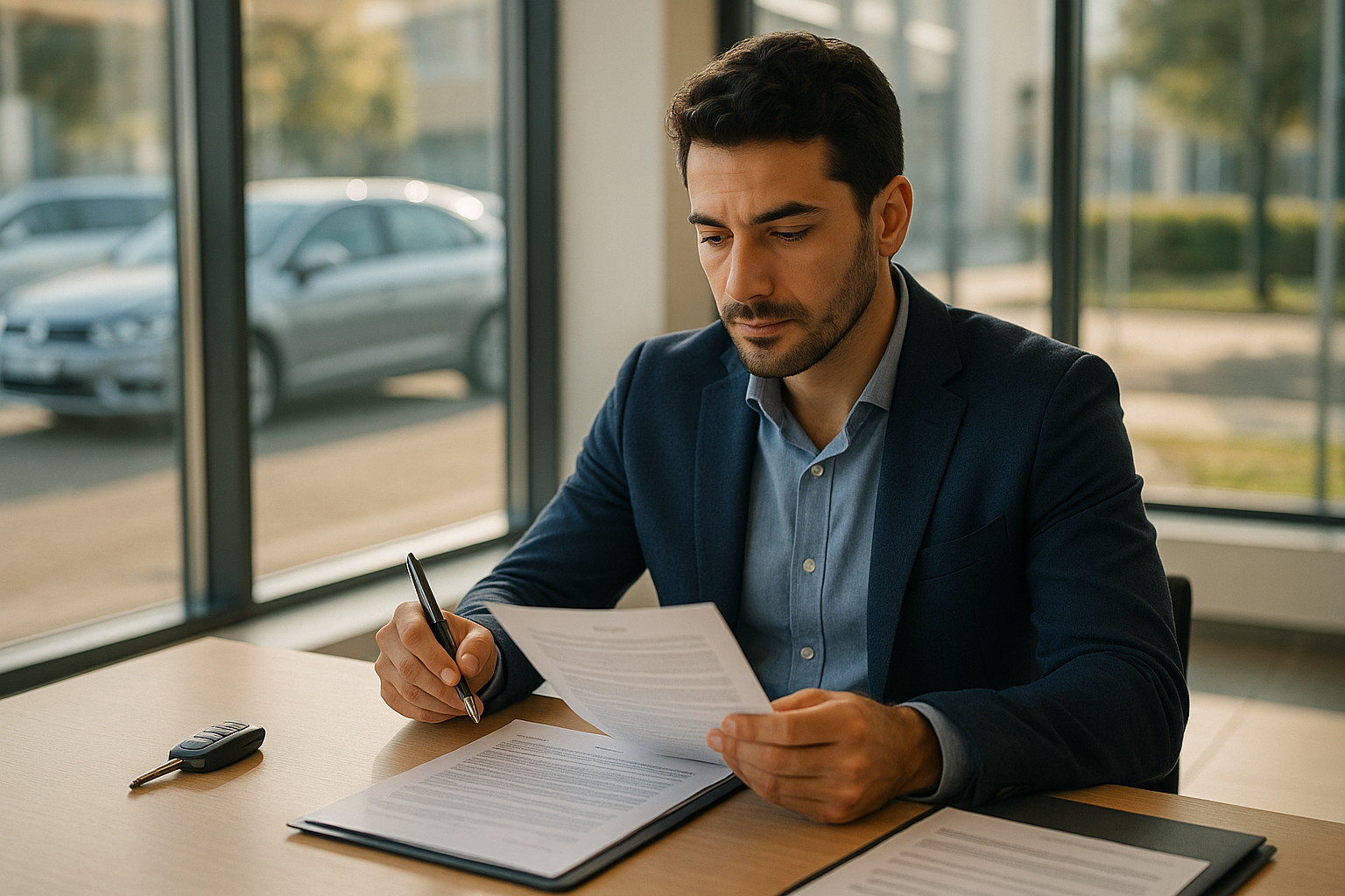 Uomo legge contratto di noleggio a lungo termine auto usata prima di firmare in agenzia italiana