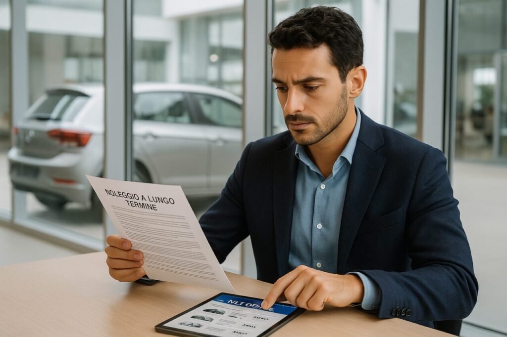 Professionista italiano legge il contratto di noleggio a lungo termine per auto usata a Milano
