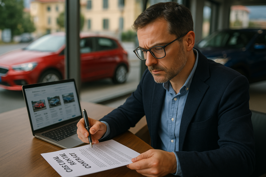 Cliente che legge attentamente il contratto di noleggio a lungo termine auto usata prima di firmare