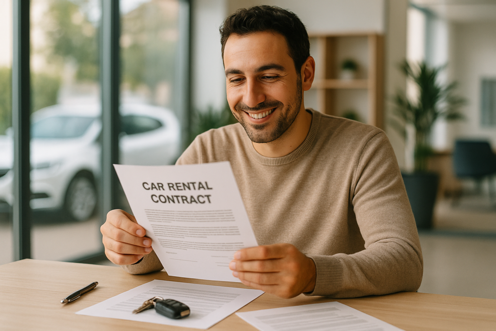Uomo che legge il contratto di noleggio a lungo termine per capire chi paga la revisione auto