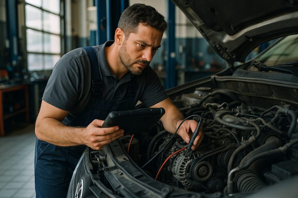 Controllo professionale dell'alternatore e delle cinghie di un'auto usata presso un'officina italiana specializzata in manutenzione per noleggio a lungo termine