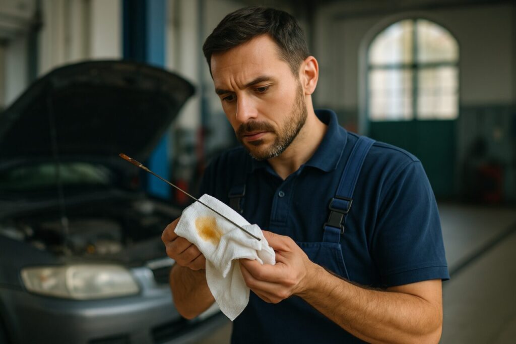 Meccanico controlla colore e odore dell'olio su astina per rilevare diluizione con carburante