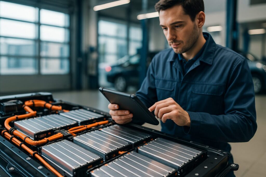 Tecnico specializzato controlla la batteria di un'auto elettrica usata in officina italiana