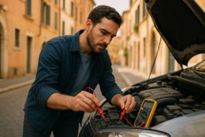 Uomo che usa un multimetro digitale per controllare la batteria di un'auto usata in noleggio a lungo termine