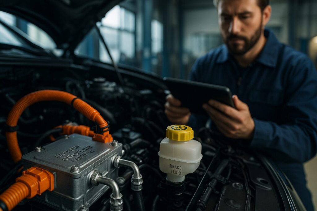 Meccanico specializzato in veicoli elettrici controlla il circuito di raffreddamento della batteria di una Citroën ë-C4X