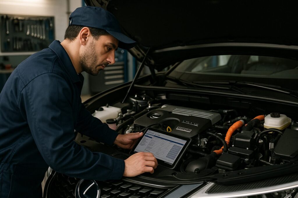 Meccanico controlla batteria ad alta tensione e sistema ibrido Lexus UX in officina
